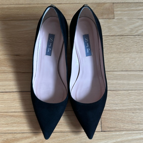 SJP Sarah Jessica Parker black leather block heels 37.5 - Picture 2 of 8